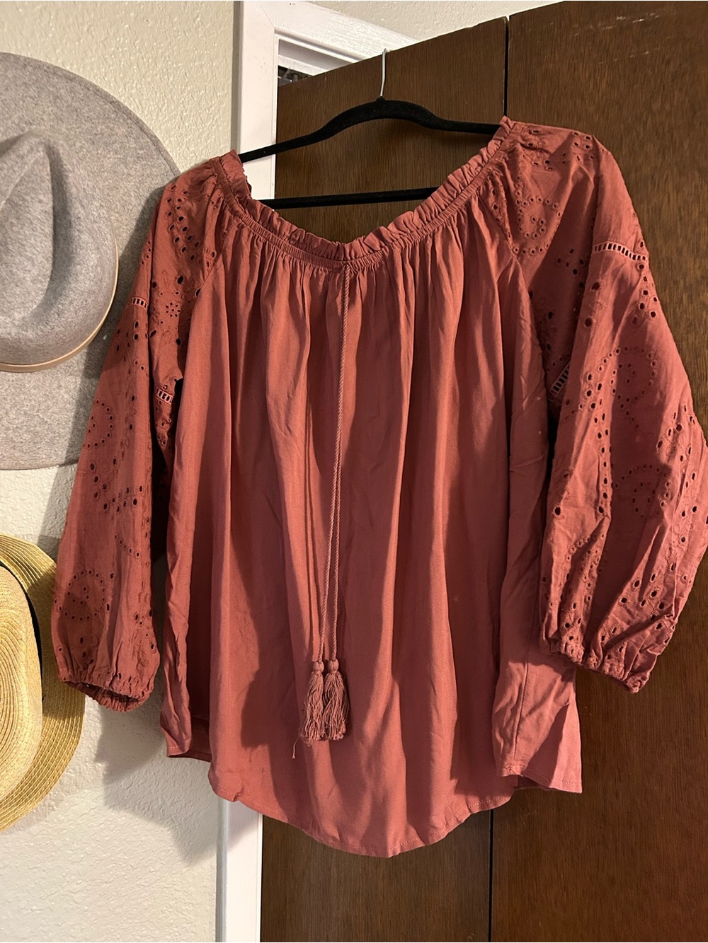 Maurices Rust Eyelet Peasant Top with Tassel Tie